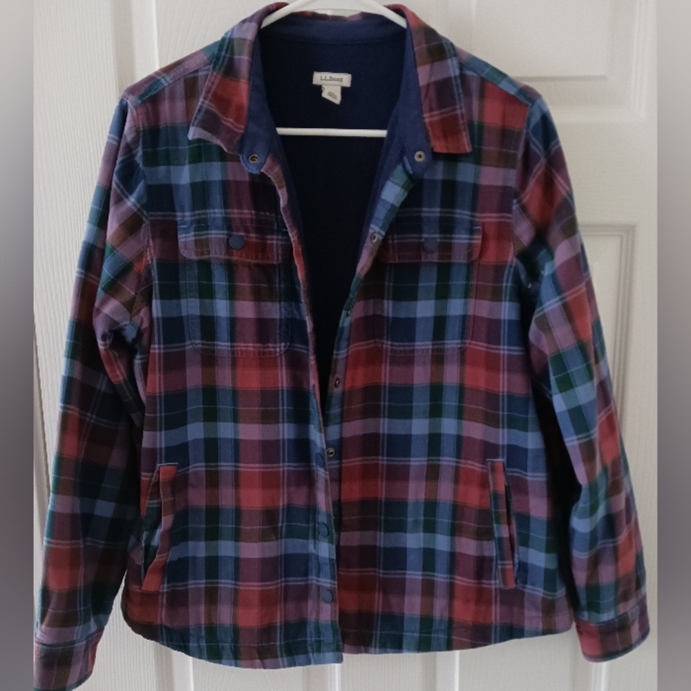 LL Bean Fleece Lined Blue.Plaid Flannel Shirt Jacket Size M